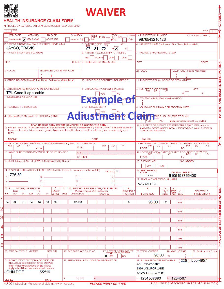 SAMPLE WAIVER CLAIM FORM ADJUSTMENT WITH ICD-10