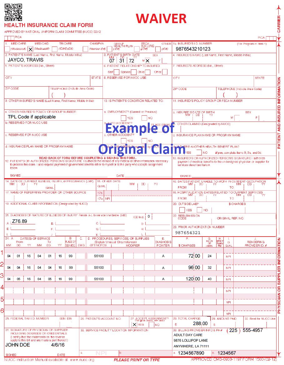 SAMPLE ADHC CLAIM FORM WITH ICD-10 DIAGNOSIS
