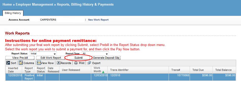 Once you are satisfied with your report, click Close at bottom of Work Report Editor. You will be taken back to Reports, Billing History & Payments.