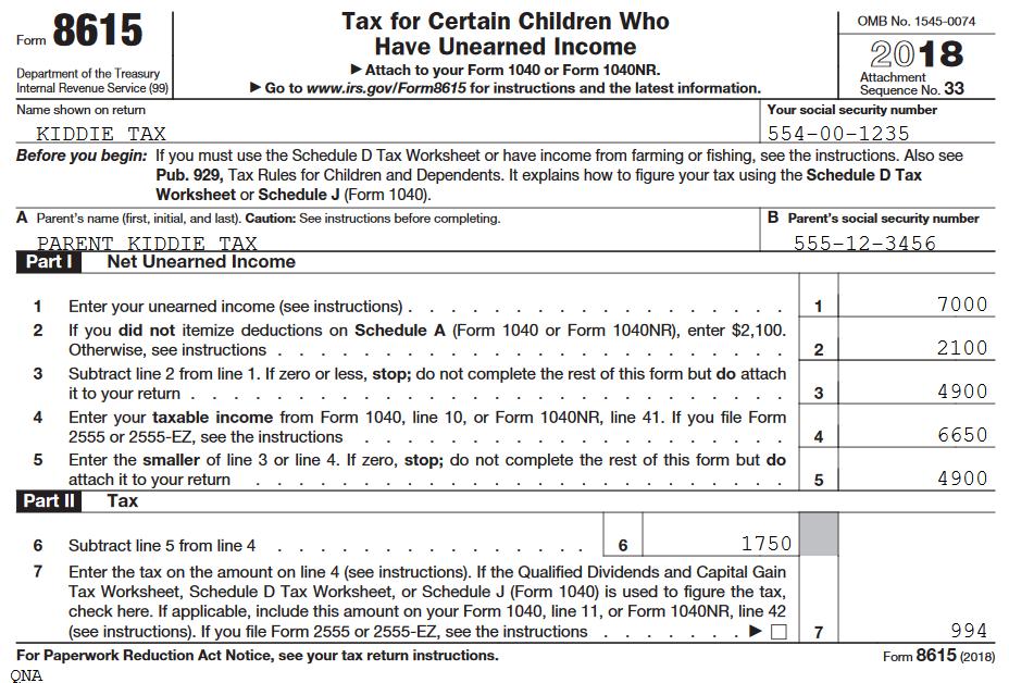 Kiddie Tax Example Earned and Unearned Income Same dependent child $7,000 interest income