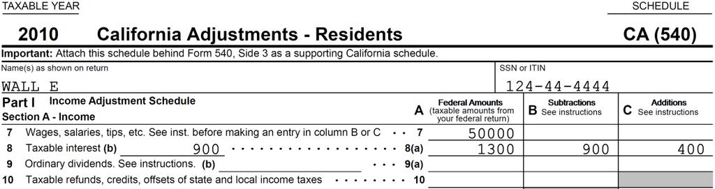 $900 of the $1,300 of interest income reported on Form 1040, Line 8a is U.S. Bond interest. Enter $1,300 on Schedule CA (540). Enter $900 as a subtraction from California income on Line 8, Column B.