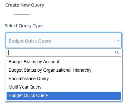 CREATING A NEW QUERY To create a new query click on New Query in the upper right corner. A pop up with query options and parameters will appear. Select the type of query you want to create.