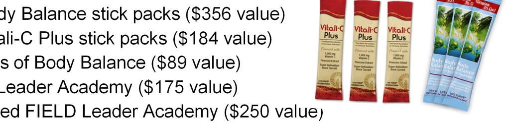 128 Body Balance stick packs ($356 value) 164 Vitali-C Plus stick packs ($184 value) 4 Quarts of Body Balance ($89 value) FIELD Leader Academy ($175 value) Advanced FIELD Leader Academy