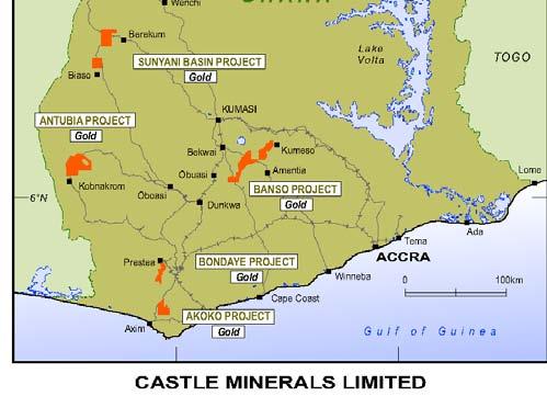 Castle Project Areas in South West Ghana EXPLORATION ACTIVITIES BANSO PROJECT (100% Castle Minerals) Banso is located approximately 180km northwest of Accra, in the Ashanti gold belt.