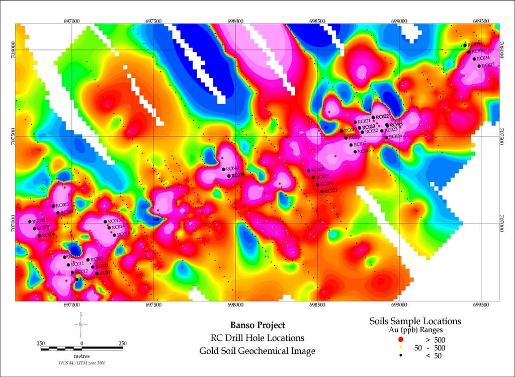 Gold mineralisation occurs in silicified and pyritic gabbro at the western end of the prospect and on the gabbro/sediment contact in the central portion of the prospect area.