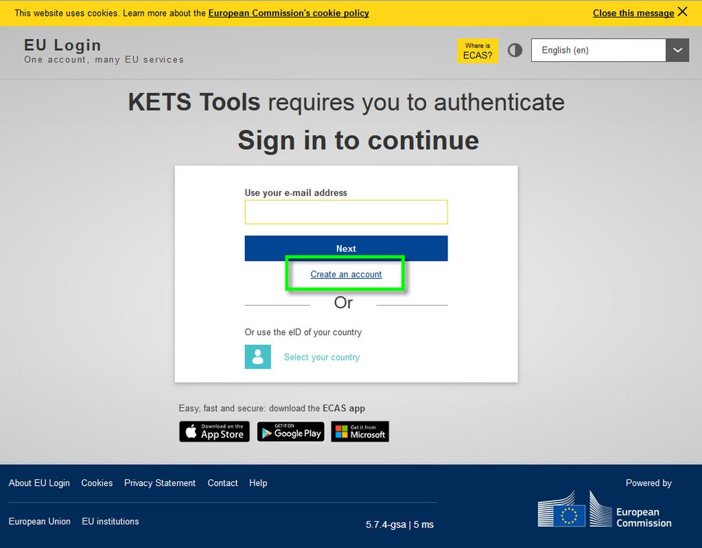 3. On the first EU Login page, select the Create an account hyperlink: