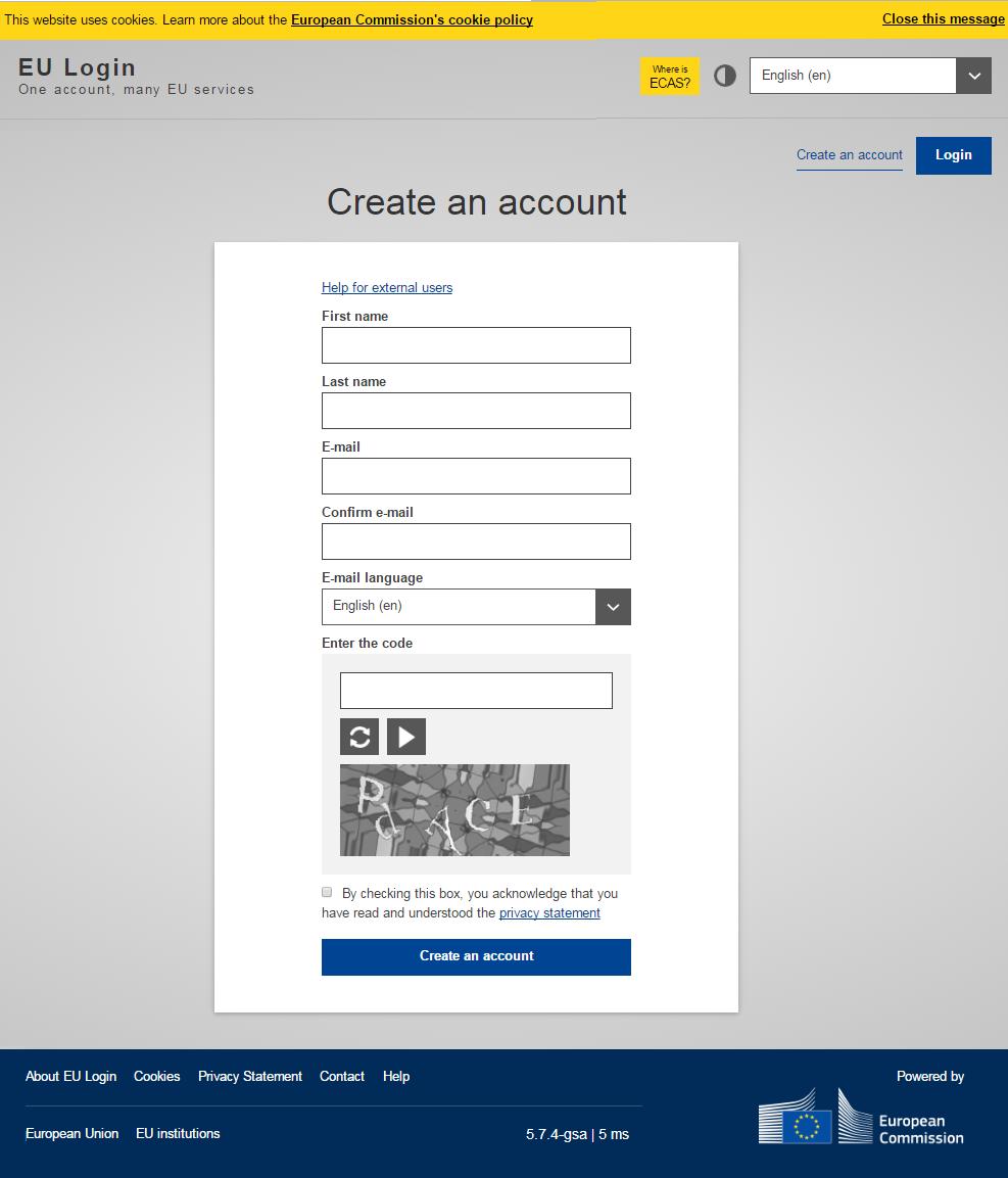 account page appears: Figure 5 EU Login Create an account page KETs