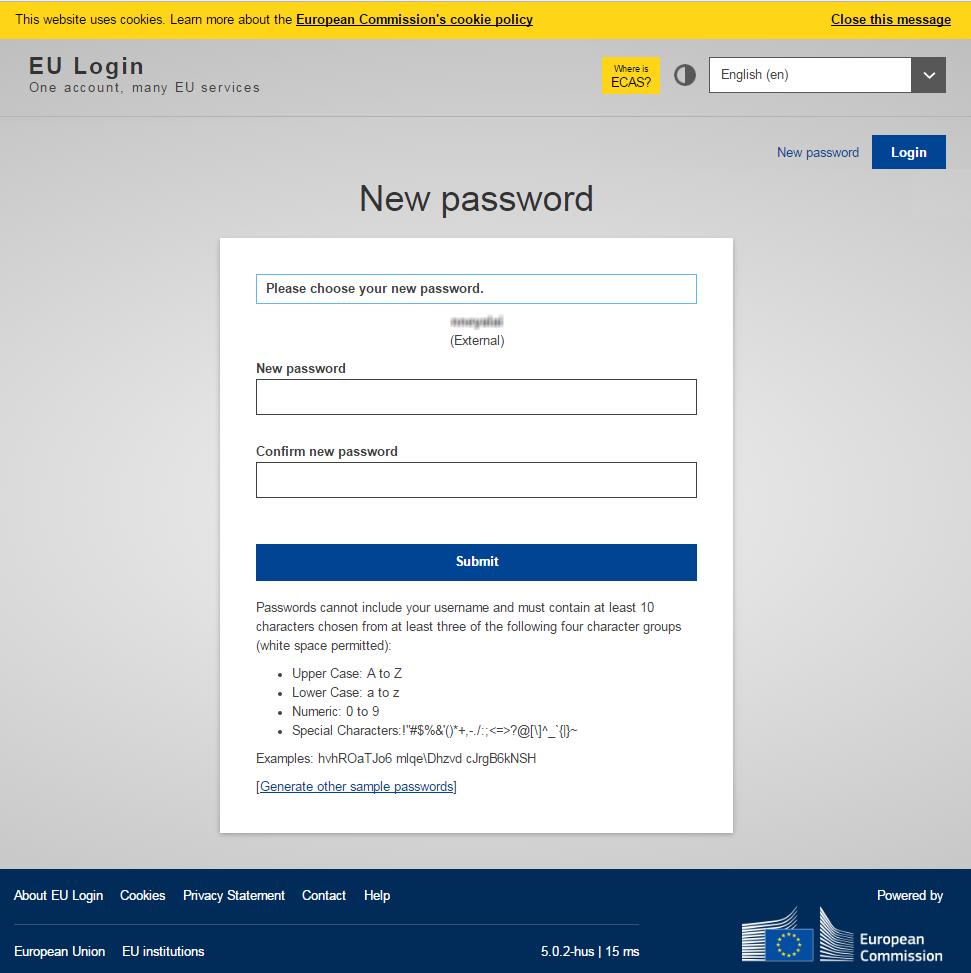 Figure 7 EU Login: 'New password' page Result: You are informed that your EU Login password has been successfully initialised.