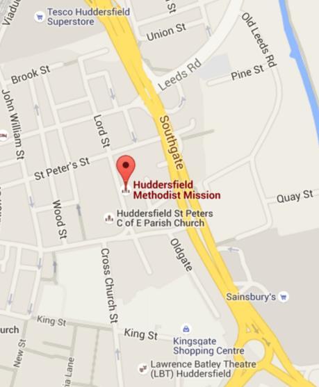 How to find us Huddersfield Mission 3-13 Lord Street Huddersfield HD1 1QA We are just a few minutes walk from the railways station.