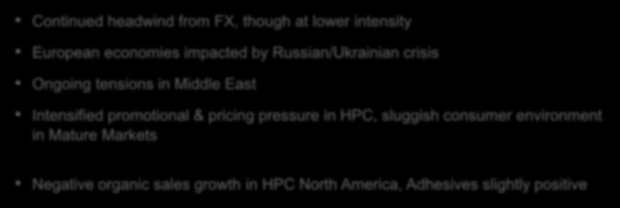 Persistently tough environment Continued headwind from FX, though at lower intensity European economies impacted by Russian/Ukrainian crisis Ongoing tensions in Middle East