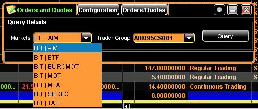 1 Query Orders and Quotes A pop-up window is displayed from which the target market and the available Trader Groups (CompID)