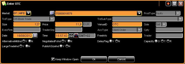 The Enter OTC window can also be activated selecting the corresponding commands in the Price Info and in the Order/Price Depth windows.