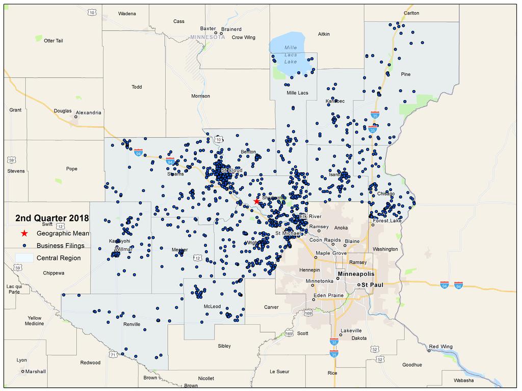 Maps The first map shown below is a visual representation of new business filings around the Central Minnesota planning area in the second quarter of.