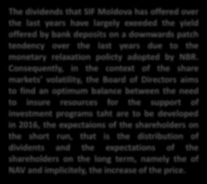 1012 31 46 114 124 34 52 The dividends that SIF Moldova has offered over the last years have largely exeeded the yield offered by bank deposits on a downwards patch tendency over the last years due