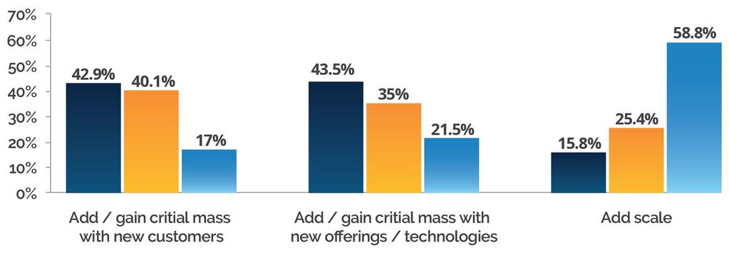Main M&A Buyer Goals When asked to rank their top M&A goals, adding critical mass with new customers (83%) and adding new offerings / technologies (79%) continue to be the top priorities of M&A.