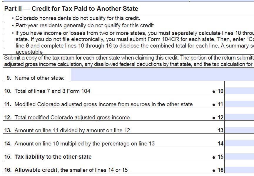 Part II Taxes Paid to Another State Since the credit requires completion of the other state s tax return, this will be an