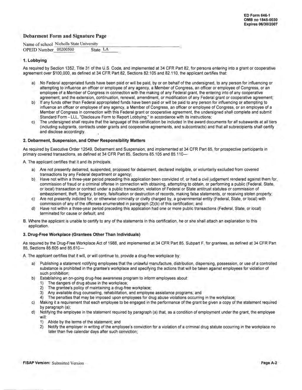 ED Form 646-1 OMB no 1845-3 Expires 6/3/27 Debarment Form and Si