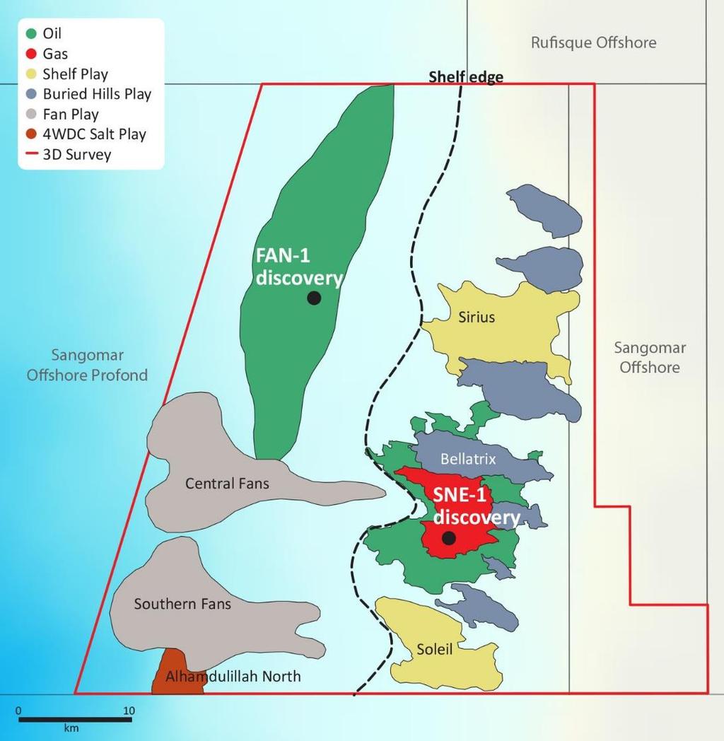 Senegal prospects Extensive prospect inventory >1.5 bn barrels of gross unrisked prospective resources mapped on high quality 3D seismic Two distinct play types on shelf Buried Hills (e.g. Bellatrix) Shelf Edge (e.