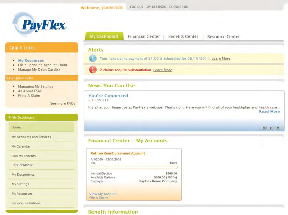 My Dashboard: After a Retiree logs in to PayFlexDirect.com, they will see My Dashboard. Under Alerts, Retirees can view messages for any claims that have been approved and are scheduled for payment.