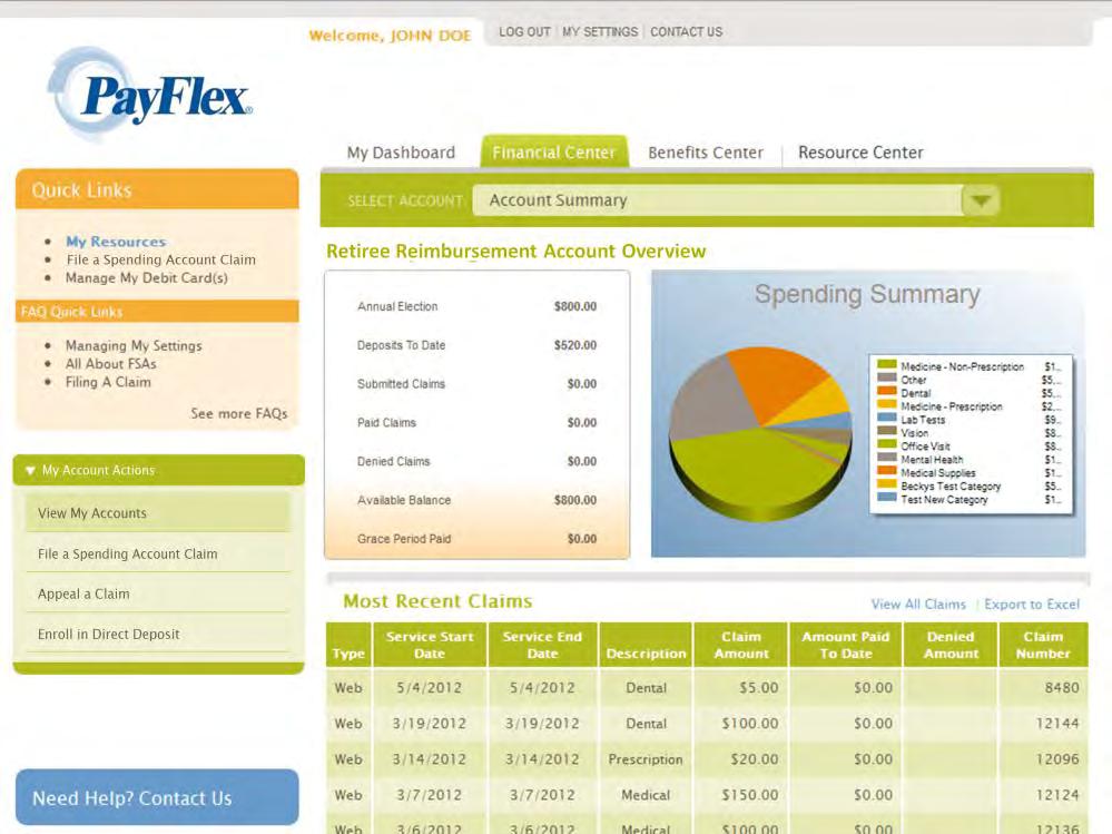 Financial Center: To view this page, the Retiree would click on the Financial Center tab and select their RRA from the drop down menu (next to Select Account).