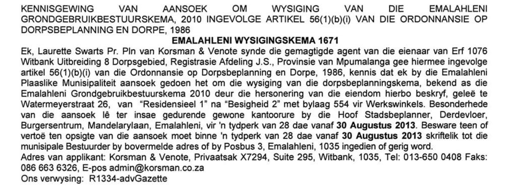 Pln of Korsman & Associates being the authorised agent of the owner of Erf 1076 Witbank Extension 8 Township, Registration Division J.S.