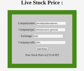 2. Live Stock Market Values Python script is run in the backend where user can input the details of the company in the UI created, for which he needs the live stock market price.