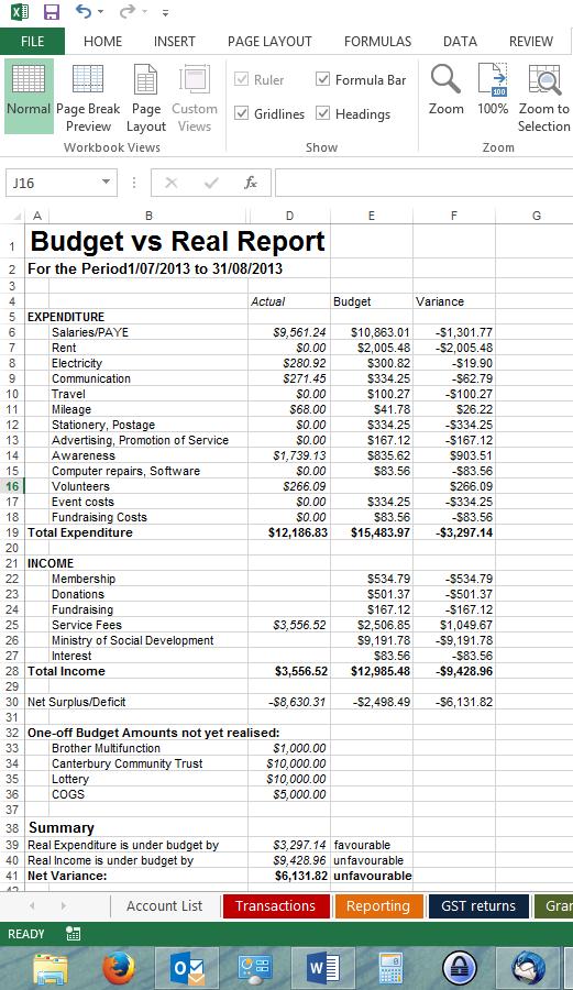 Budget figures are displayed against actual income or expenditure, and the difference between these is displayed in the Variance column.