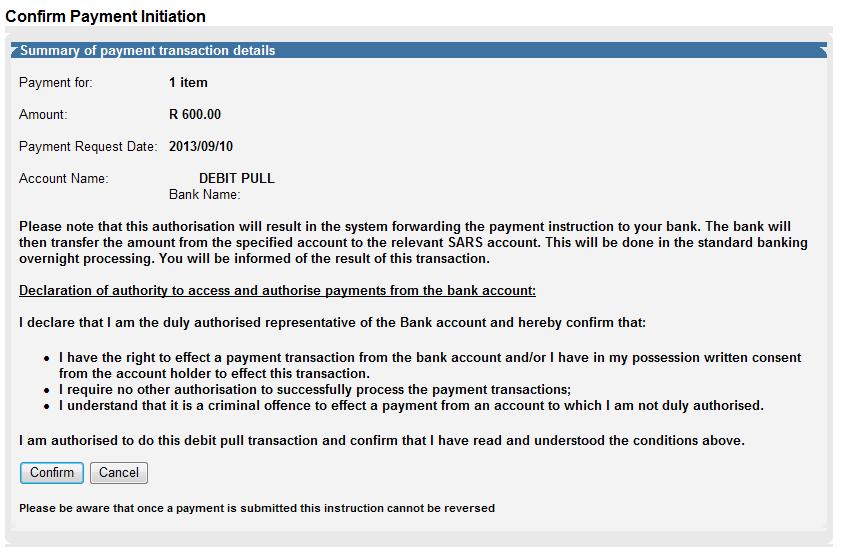 HOW WILL THE DECLARATION APPEAR IF I CONTINUE WITH A DEBIT PULL OPTION?