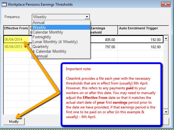 Select the Thresholds button to view the Qualifying Earnings Lower and Upper thresholds and the Auto-enrolment pay trigger limit.