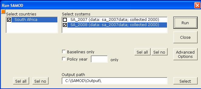 Figure 2: Run SAMOD dialog box The fact that it is possible to add and delete variables and construct new variables following a standard naming convention is a very valuable feature of EUROMOD.