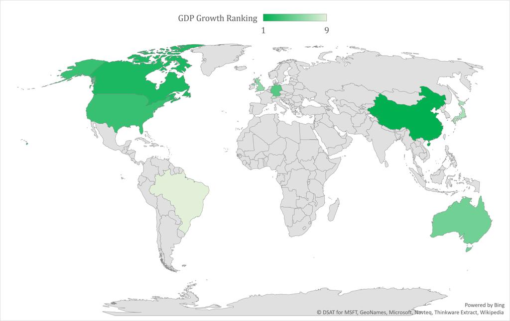 World Comparison World Map Real GDP % Growth of Selected Countries Rolling Quarterly Figures Country Ranking GDP % Growth China 1 6.80 Canada 2 4.45 USA 3 3.00 Germany 4 2.80 Australia 5 1.