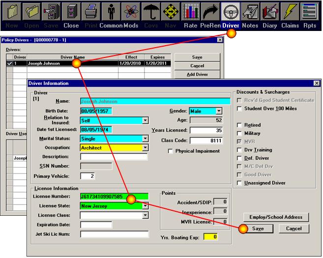 17 Note: Driver s License numbers are required for the system to be able to obtain reports for Auto. 1. On the Policy Common screen, click the Driver icon to bring up the Policy Drivers screen 2.