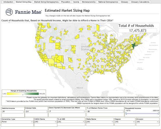 Explore your current and potential markets The Market Sizing Map tab provides a geographic snapshot of the estimated count of renters who might be able to afford a home in their CBSA, based on