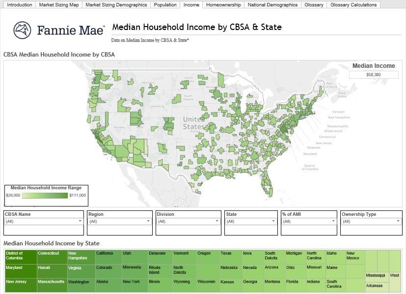 Analyze median area household income so you can meet the needs of your market The Income tab shows median household income by CBSA and state.