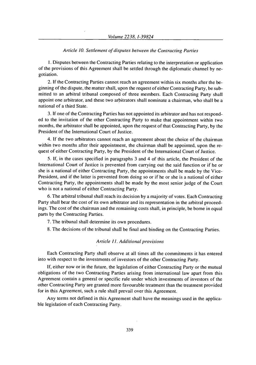 Article 10. Settlement of disputes between the Contracting Parties 1.