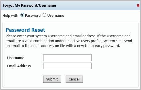 Request My Password/Username To request a password reset and/or to retrieve the username, the link is located on the login screen. 1. Click on the Forgot My Password/Username to retrieve the data. 2.