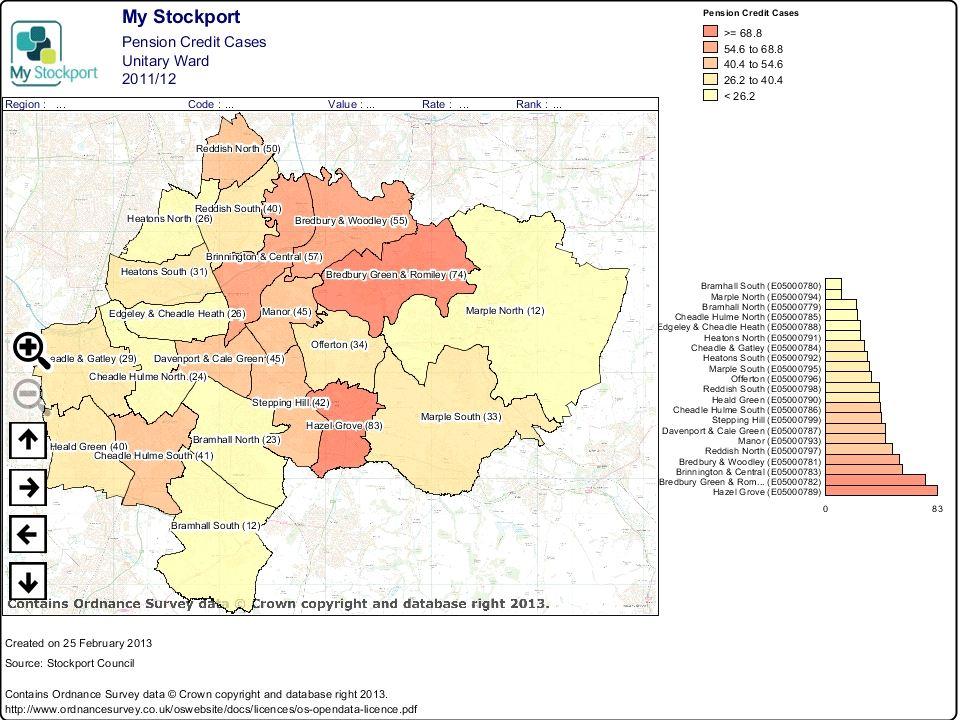 Pension Credit Dataset: Pension Credit (Ward), Source: Stockport Council Brinnington and Central had 57 Pension Credit cases in 2011/12, the 3rd highest in the borough.