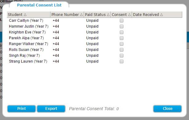 3b. Parental Consent If you have selected the 'Parental Consent' box when you initially set up your payment, along the bottom of the payment there is a button that is labelled 'View Consent List.