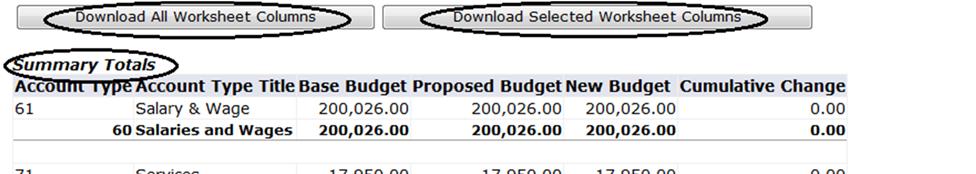 STEP 9 The Budget Worksheet Continued: BUDGET WORKSHEET SECTION E: The fifth section of the Budget Worksheet allows you to download worksheet data to Excel (optional) and also displays Summary Totals.