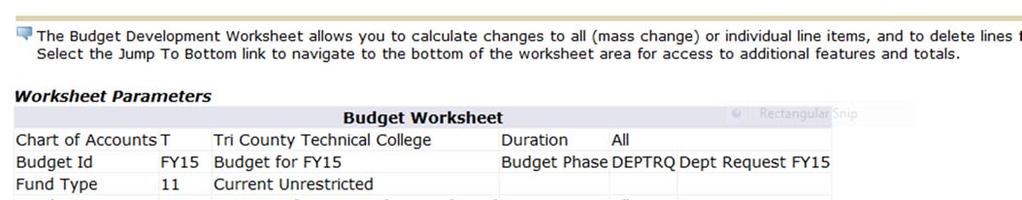 STEP 8: Enter the parameters for your Budget Worksheet: Chart of Accounts = T Budget ID = Budget Year (e.g., FY18 or FY19, etc.
