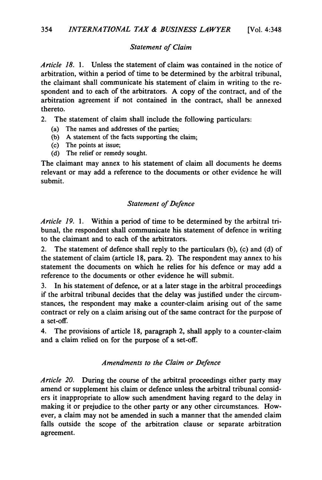 354 INTERNATIONAL TAX & BUSINESS LAWYER [Vol. 4:348 Statement of Claim Article 18