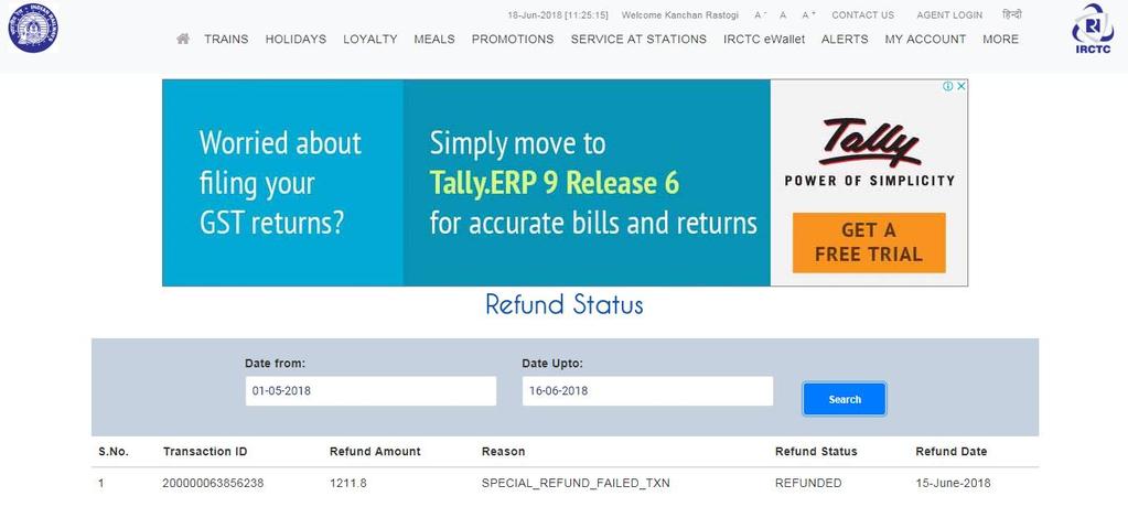 IRCTC ewallet Refund Status Refund status of IRCTC ewallet bookings can be accessed by
