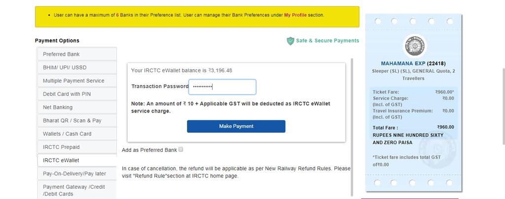 Using IRCTC ewallet as a payment option for booking Railway Tickets Once the user plans the travel and reaches the Payment Gateway page, he gets to see IRCTC ewallet as a payment option amongst other
