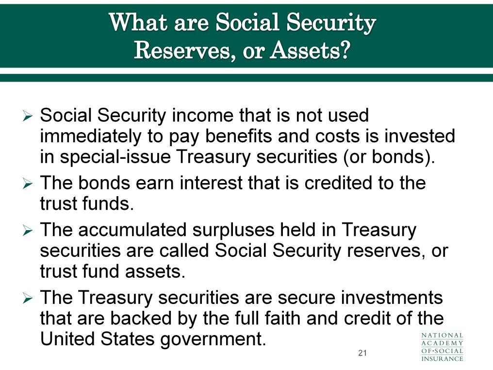 Surpluses from the Social Security system are invested in special-issue Treasury securities, and are called Social Security reserves or trust fund assets.