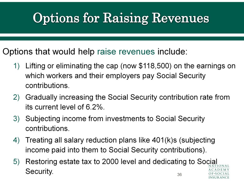 The report includes many options for improving Social Security revenues in the future. For example: Lift the cap on earnings subject to Social Security contributions (now $118,500).