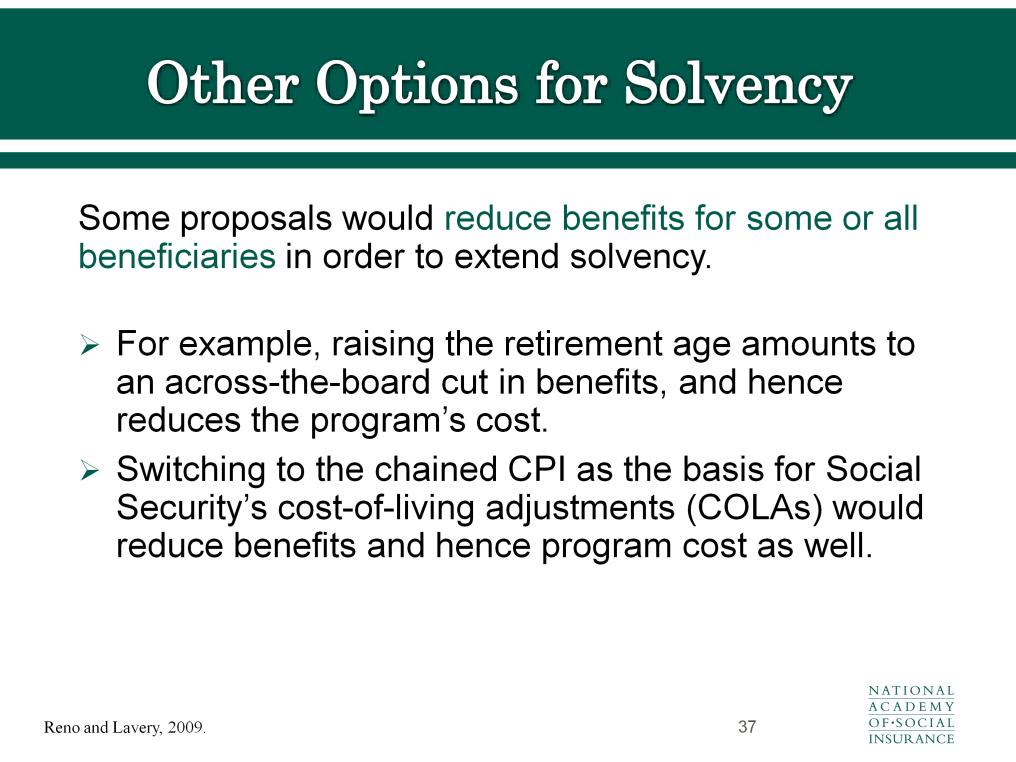 Raising the retirement age and switching to the chained CPI would each lower future benefits and costs.