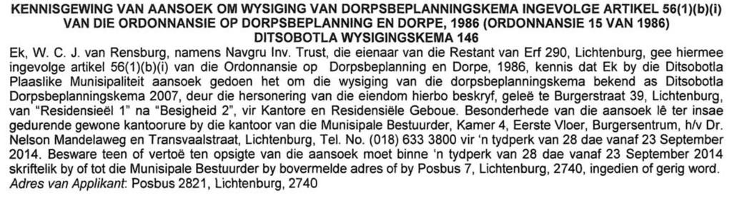 1986) DITSOBOTLA AMENDMENT SCHEME 146 I, W. C. J. van Rensburg, on behalf of Navgru Inv.