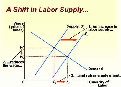 Changes in Tastes (e.g. Today, family size are smaller, and more mothers choose to work. The result is an increase in the supply of labor.) Changes in Alternative Opportunities (e.g. Wages increase for pear pickers ) Immigration Equilibrium in the Labour Market The wage adjusts to balance the supply and demand for labor.