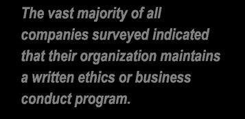 Ethics/Business Conduct Programs As in past years, this year s Survey also gathered information about ethics programs within the life insurance industry.