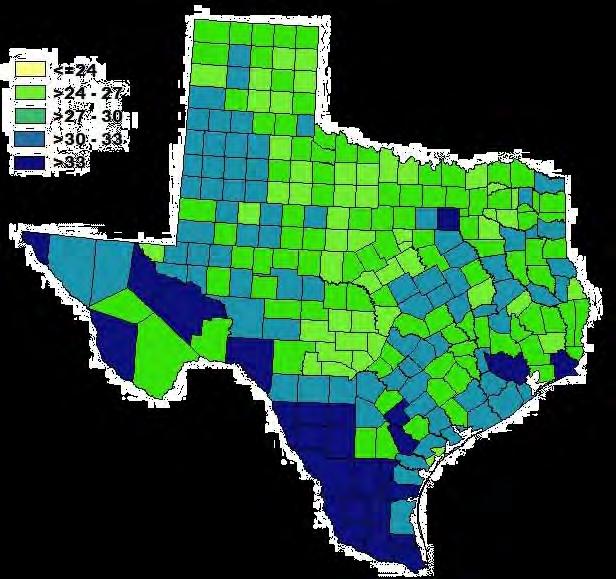 POTENTIAL Total % Obesity in Texas by County 2020 Percent of adults